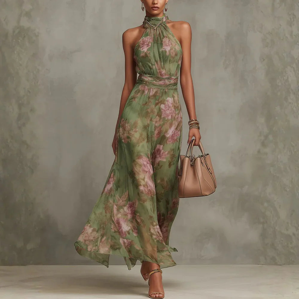 CHRISTABEL | FLORAL HALTER NECK CHIFFON MAXI DRESS