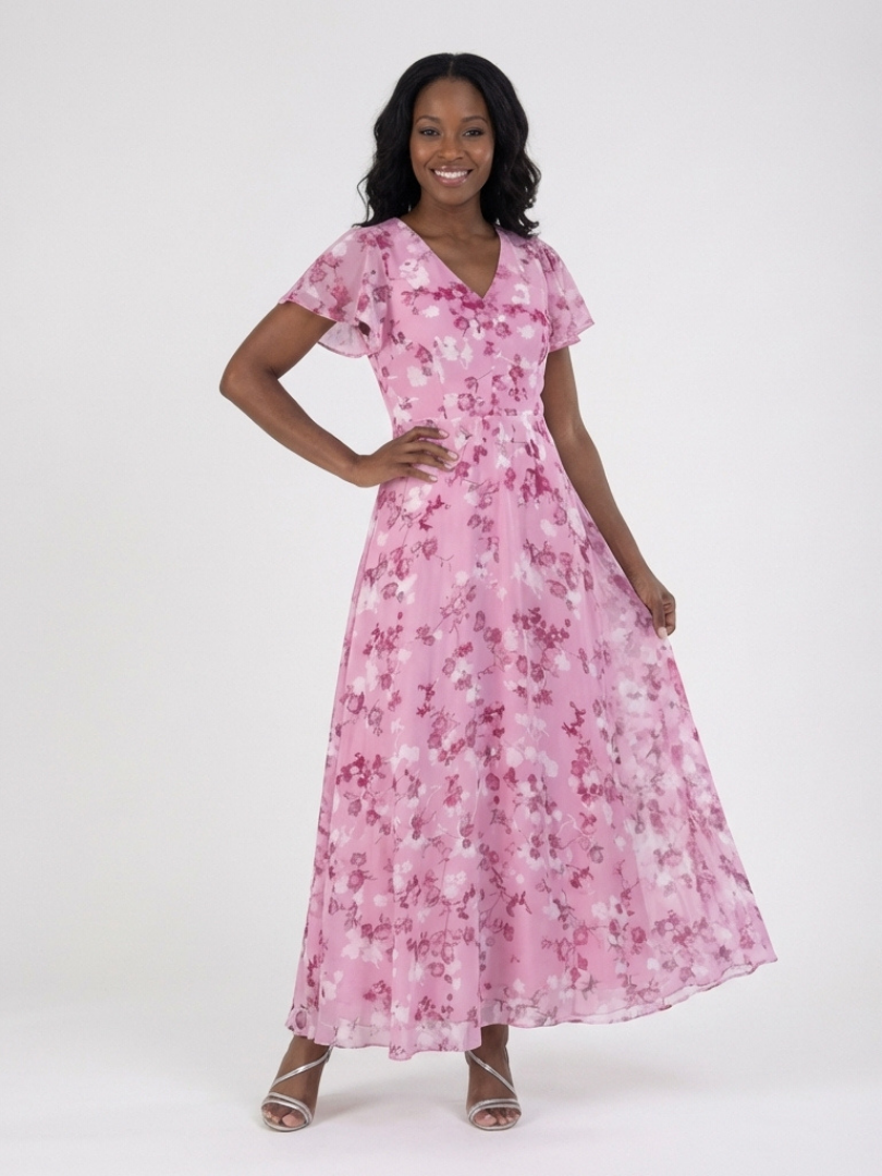 chiffon maxi dress pattern Floral Chiffon Prom Maxi Dress with V-Neck and Fitted Waist