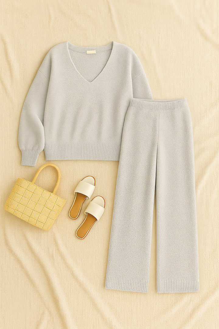 Women Matching Set – V-Neck Lounge Style, Warm & Elegant