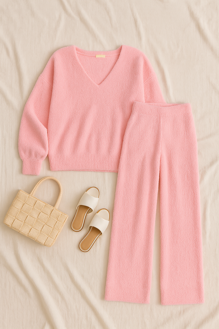 Women Matching Set – V-Neck Lounge Style, Warm & Elegant
